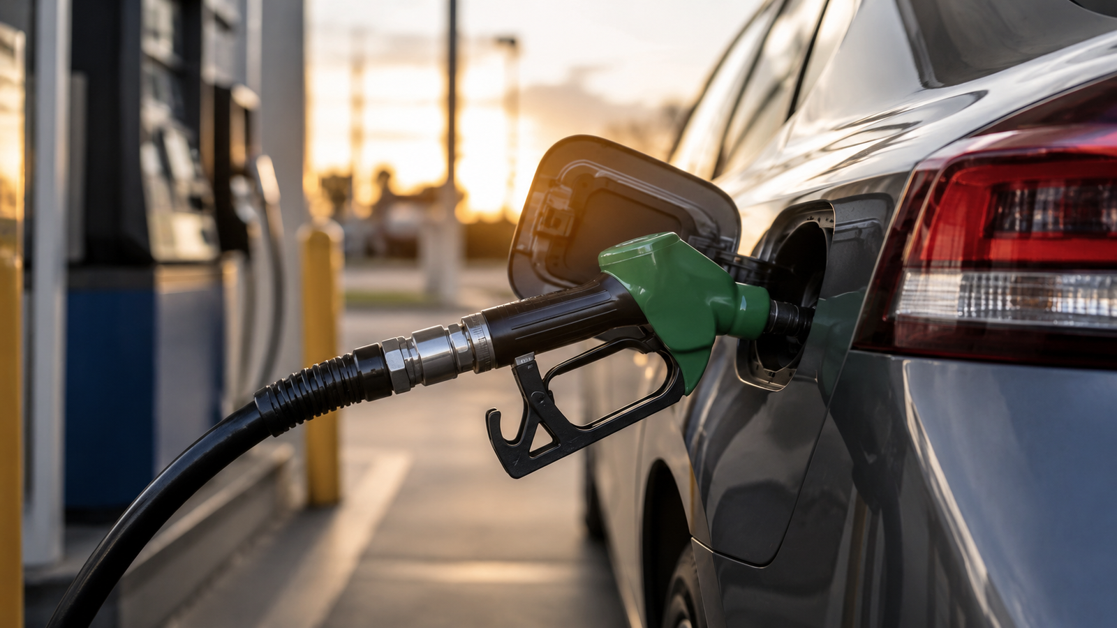 Primer plano de un surtidor cargando nafta en el tanque de un automóvil en una estación de servicio, ilustración sobre combustibles