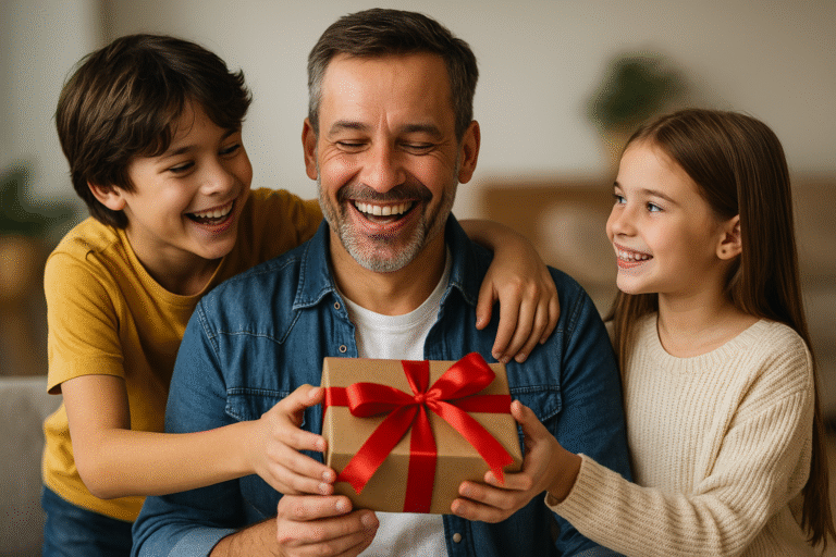 Hijo e hija entregando un regalo envuelto a su papá sonriente en un ambiente hogareño, celebrando el Día del Padre con afecto y emoción
