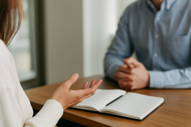 Dos personas conversan en una mesa con un cuaderno abierto entre ellas, en un ambiente iluminado naturalmente, representando una comunicación clara y empática