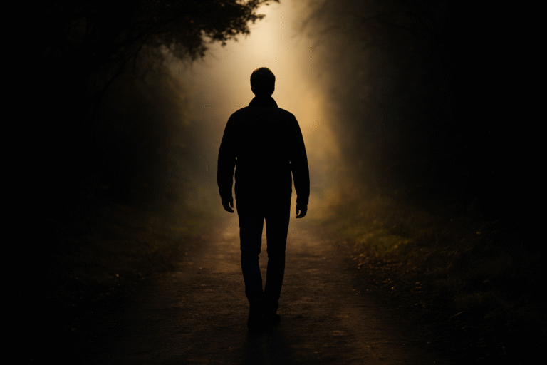 Silueta de una persona caminando por un sendero boscoso hacia una zona iluminada, representando el avance personal y el abandono de las excusas