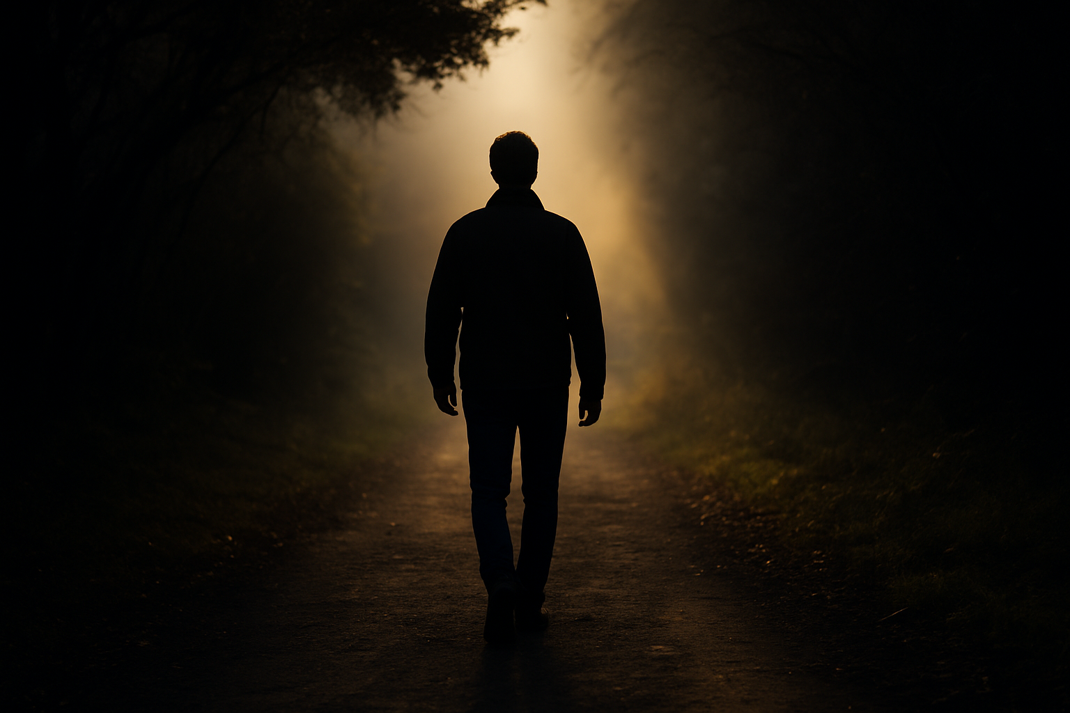 Silueta de una persona caminando por un sendero boscoso hacia una zona iluminada, representando el avance personal y el abandono de las excusas