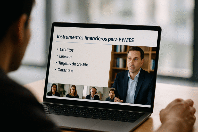 Persona asistiendo a un webinar virtual desde su computadora, con presentación de herramientas financieras para pymes del Banco Nación