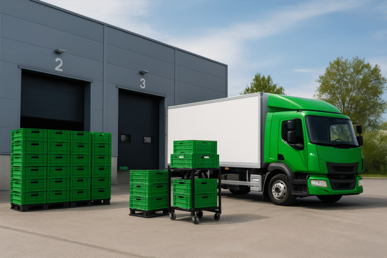 Centro logístico moderno con pallets de envases verdes reutilizables y camión eléctrico, reflejando prácticas sustentables en transporte y almacenamiento