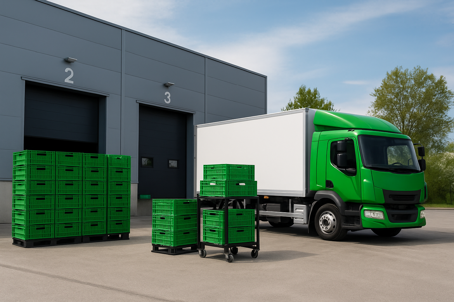 Centro logístico moderno con pallets de envases verdes reutilizables y camión eléctrico, reflejando prácticas sustentables en transporte y almacenamiento