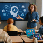 Docente explicando inteligencia artificial a estudiantes en un aula con dispositivos digitales, en un entorno de aprendizaje colaborativo y moderno