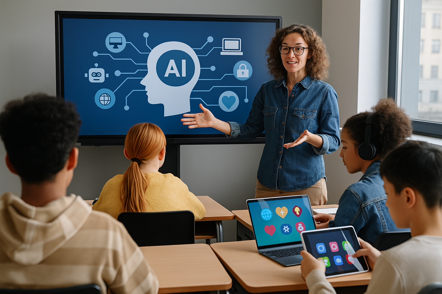 Docente explicando inteligencia artificial a estudiantes en un aula con dispositivos digitales, en un entorno de aprendizaje colaborativo y moderno