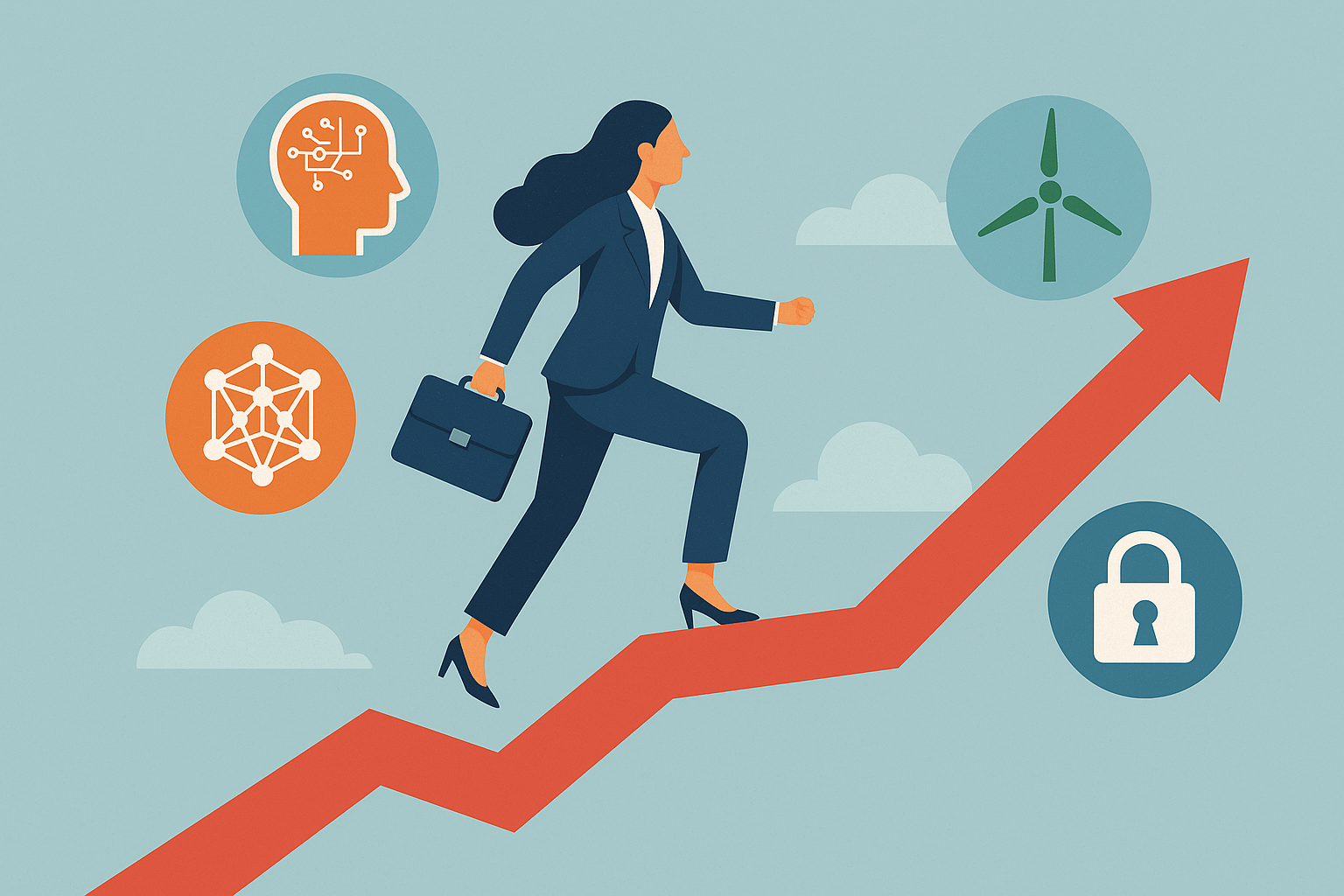 Mujer profesional subiendo una flecha roja ascendente, con íconos de inteligencia artificial, big data, energía eólica y ciberseguridad representando las profesiones del futuro