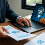 Persona analizando gráficos y datos financieros en una computadora portátil, representando el uso de tecnología en la gestión de pequeñas y medianas empresas