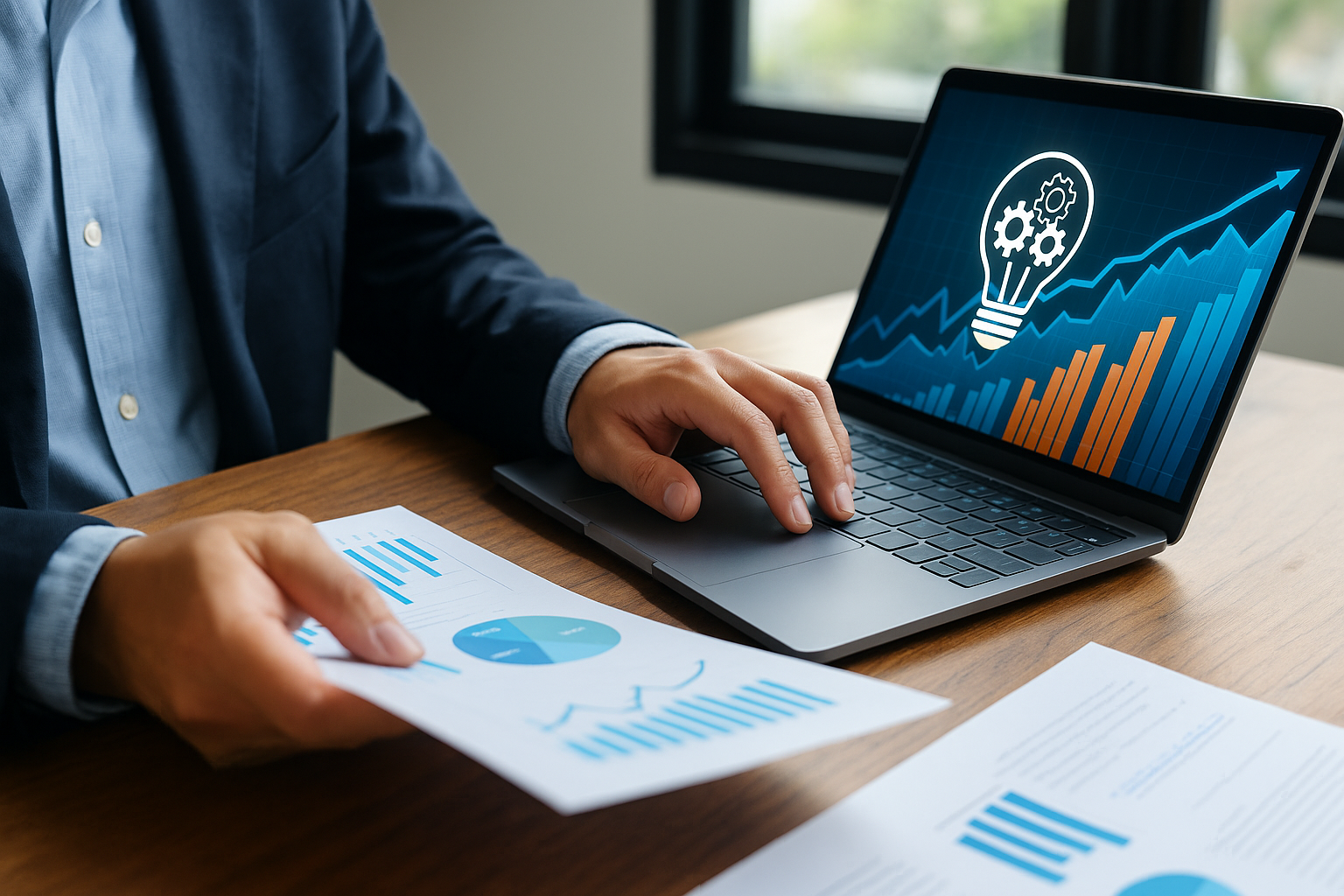 Persona analizando gráficos y datos financieros en una computadora portátil, representando el uso de tecnología en la gestión de pequeñas y medianas empresas