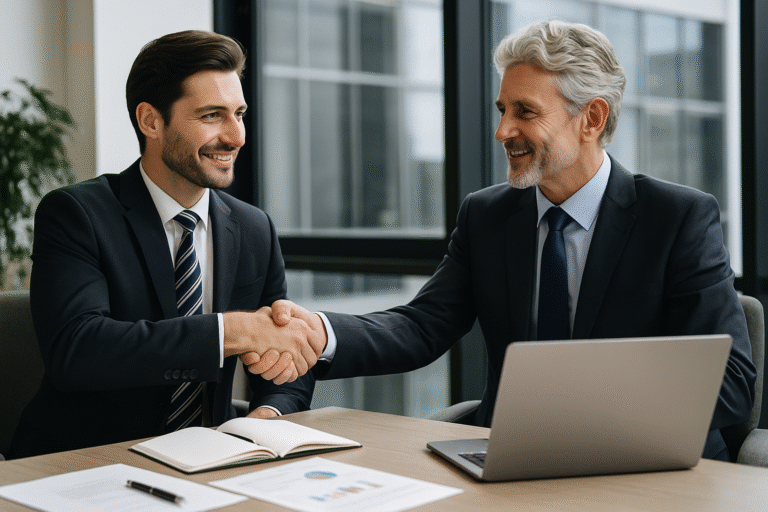 Dos profesionales de una PyME dialogan en una oficina luminosa, representando la apertura de nuevas oportunidades comerciales