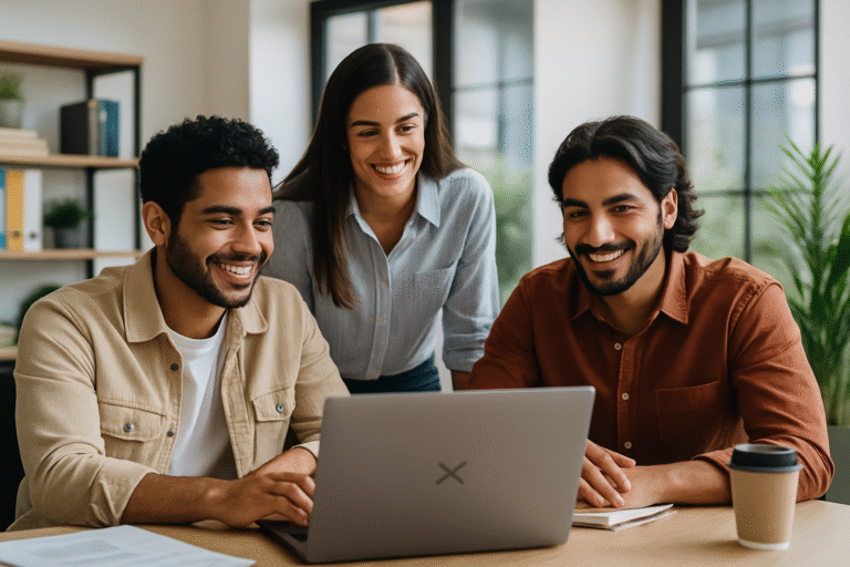 Tres colegas latinoamericanos trabajando juntos en una oficina moderna, reflejando diversidad y cooperación en el ámbito laboral
