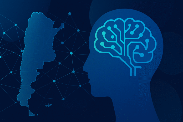 Ilustración conceptual de la inteligencia artificial en Argentina, con un cerebro digital dentro de una silueta humana conectada al mapa del país