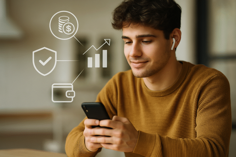 Joven de la Generación Z usando su smartphone para gestionar finanzas personales, con íconos digitales de seguridad, billetera, datos y crecimiento patrimonial