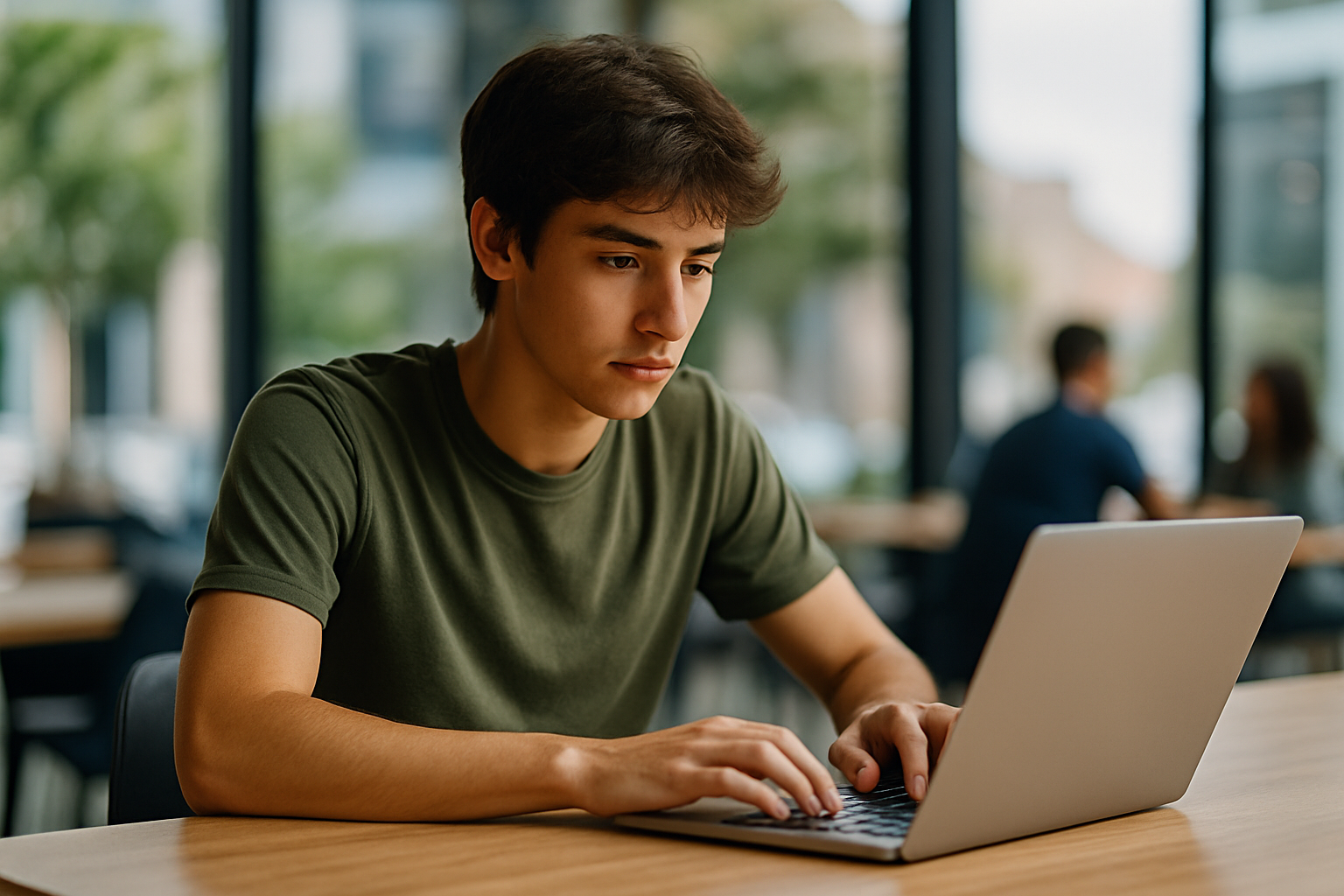 Joven argentino concentrado frente a su notebook en un espacio de estudio moderno, representando la formación virtual en comunicación y marketing político