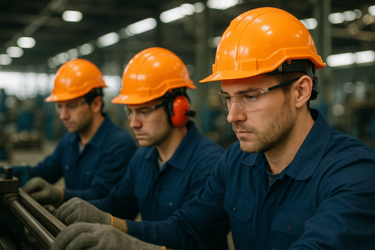 Tres trabajadores industriales con cascos naranjas y gafas de protección operando maquinaria en una fábrica argentina, representando el entorno laboral actual