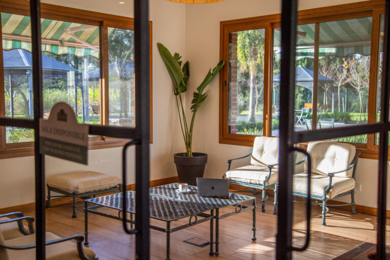 Espacio de coworking rodeado de naturaleza con mesas de trabajo, laptops y personas trabajando al aire libre, en la propuesta innovadora de Munchi’s