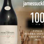Botella de Finca Piedra Infinita Gravascal 2022 de Zuccardi Valle de Uco sobre un poste de viñedo, destacada por haber recibido 100 puntos de James Suckling