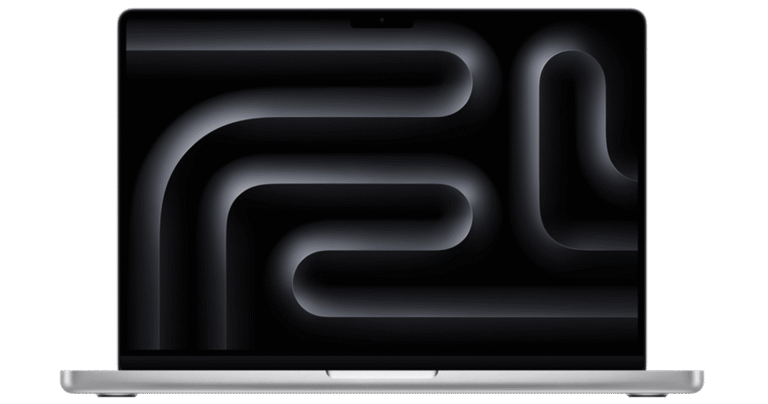 MacBook Pro de 14 pulgadas con chip M4, pantalla encendida con diseño gráfico oscuro, ideal para regalar en el Día del Padre a amantes de la tecnología y el alto rendimiento