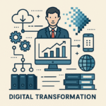 Ilustración de transformación digital con íconos de tecnología, datos y gestión empresarial alrededor de una figura humana