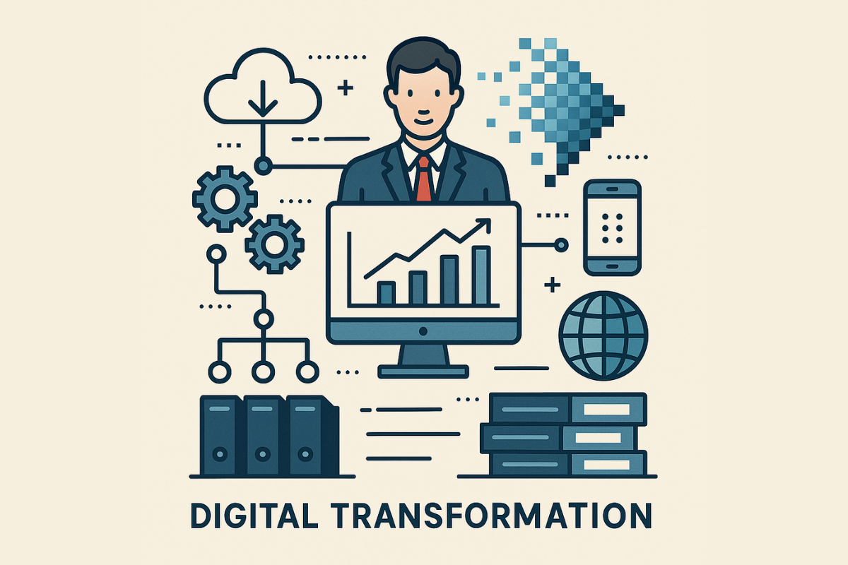Ilustración de transformación digital con íconos de tecnología, datos y gestión empresarial alrededor de una figura humana