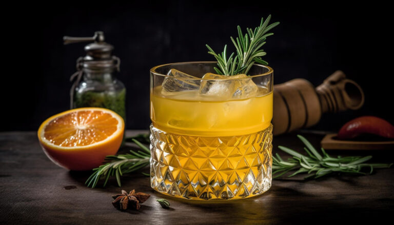 Trago invernal servido en vaso de vidrio tallado, decorado con romero y acompañado por media naranja, anís estrellado y especias sobre una mesa rústica