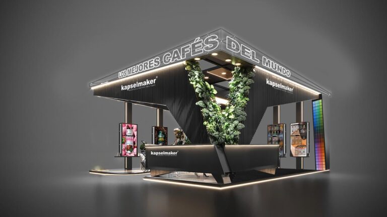 Render del stand de Kapselmaker con diseño moderno y vegetación vertical, destacando su identidad como referente del café argentino de alta calidad