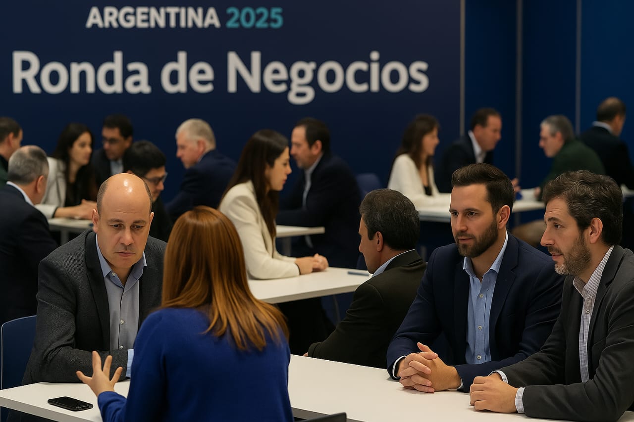 Salón de exposiciones con empresarios y stands en una ronda de negocios durante las Jornadas de Supermercadismo Argentino en Córdoba