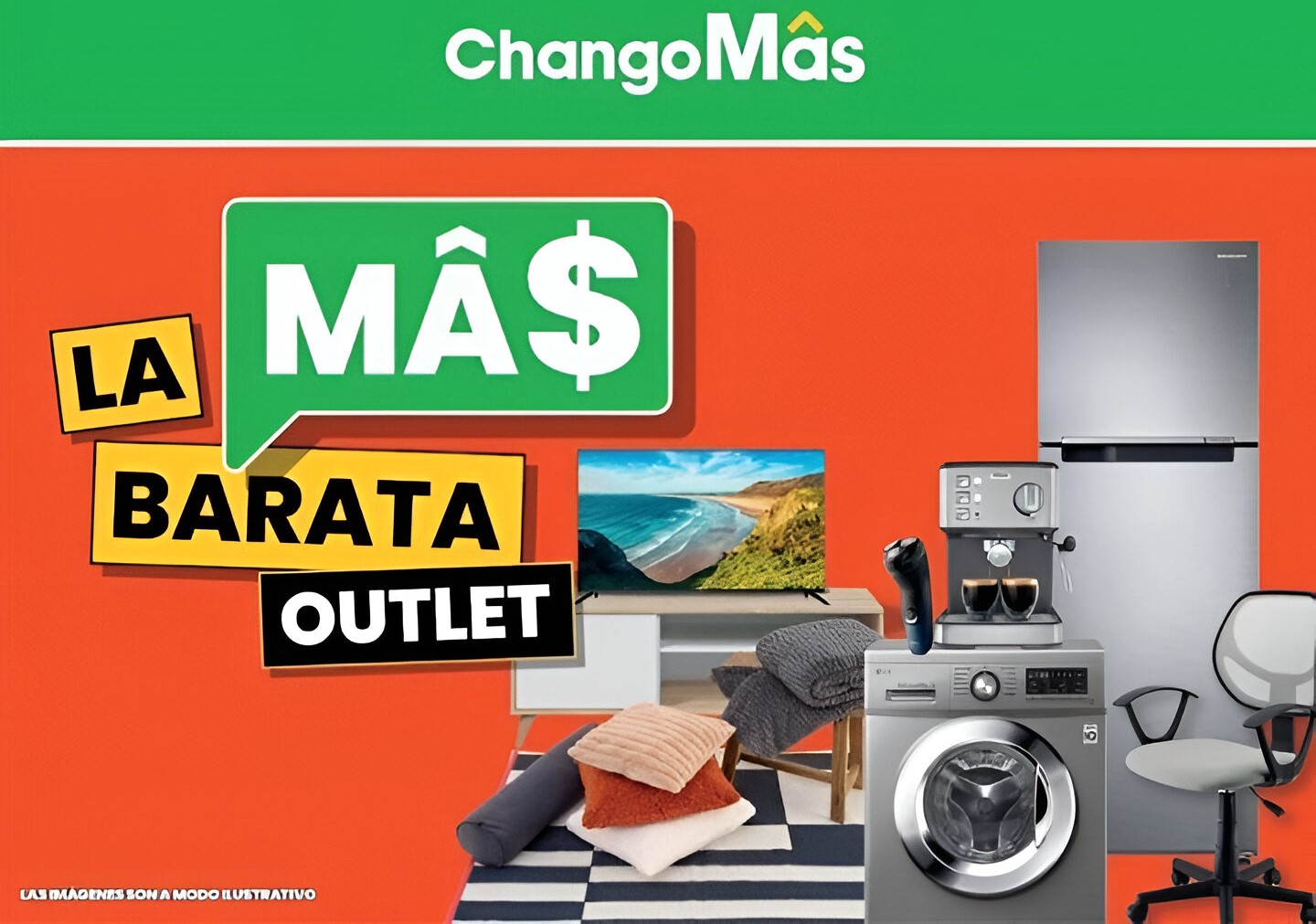 Imagen promocional de “Más Barata Outlet” de Híper ChangoMâs, con electrodomésticos y muebles a precios bajos sobre fondo rojo