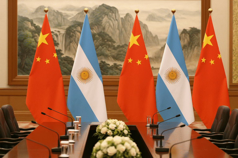 Banderas de China y Argentina en una sala de reuniones oficial, representando cooperación internacional