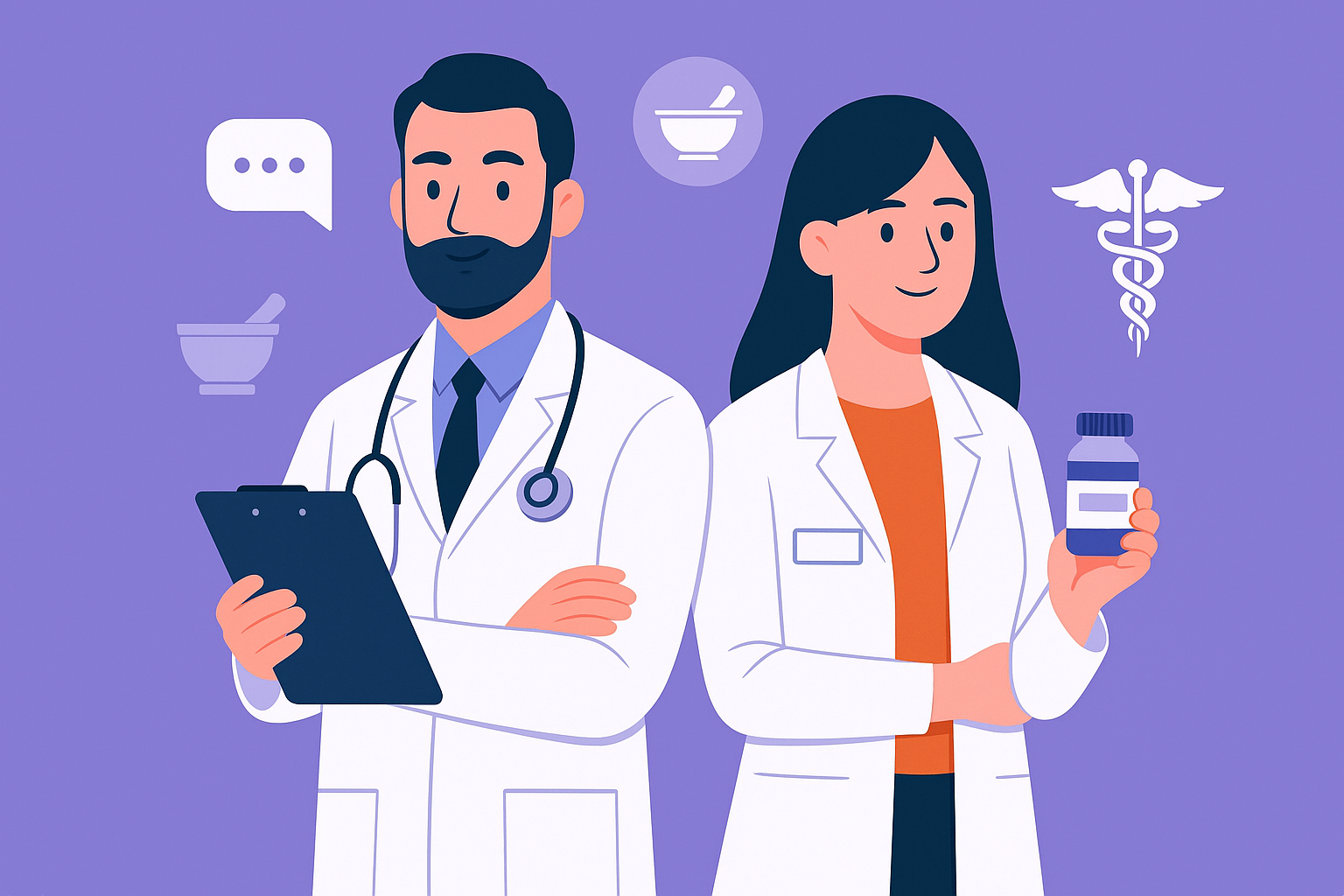 Ilustración digital estilo flat de un profesional de la salud con fondo en tonos cálidos, representando la transformación del empleo en el sector Healthcare & Pharma