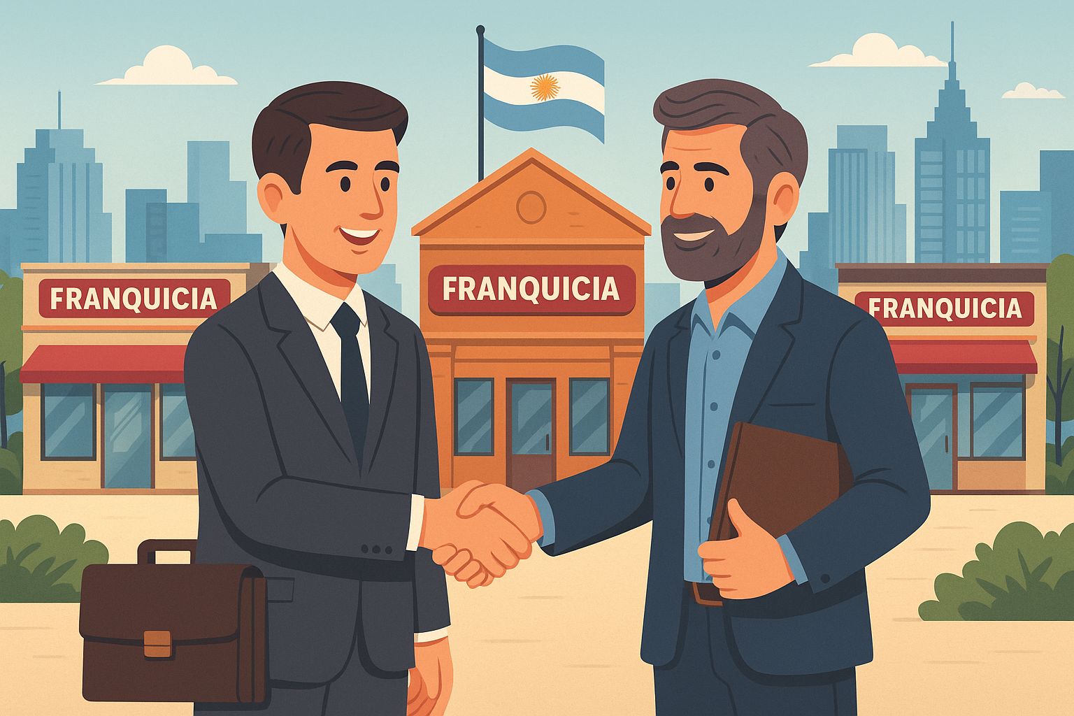 Ilustración digital en estilo plano de dos empresarios argentinos dándose la mano frente a un mapa estilizado de Argentina, simbolizando el desembarco de 300 Franchising en el país