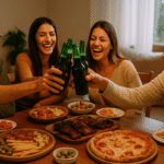 Cuatro amigos brindando con cerveza alrededor de una mesa con picada, pollo y pizza durante una celebración en casa por el Día del Amigo