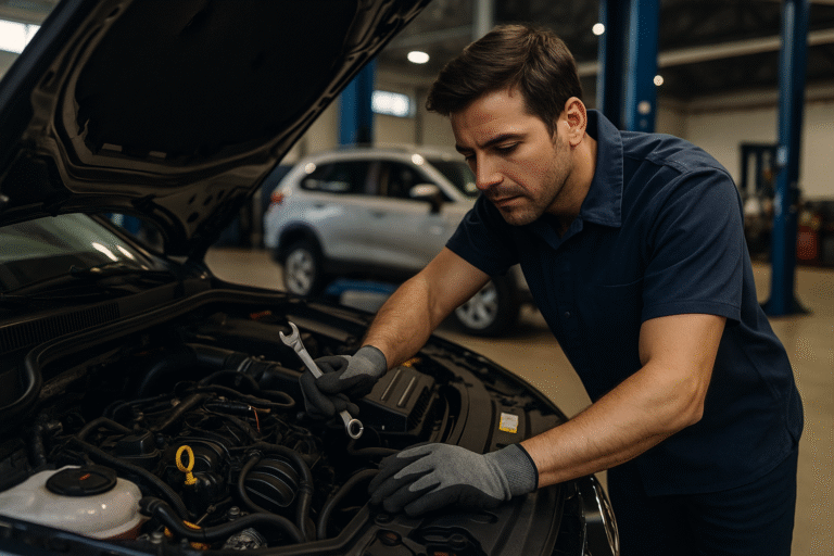 Técnico automotriz trabajando bajo el capó de un vehículo en un taller bien iluminado y equipado