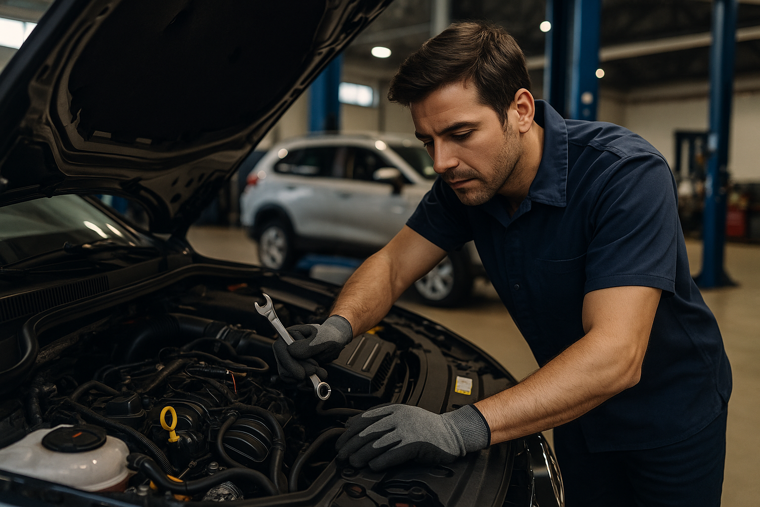 Técnico automotriz trabajando bajo el capó de un vehículo en un taller bien iluminado y equipado