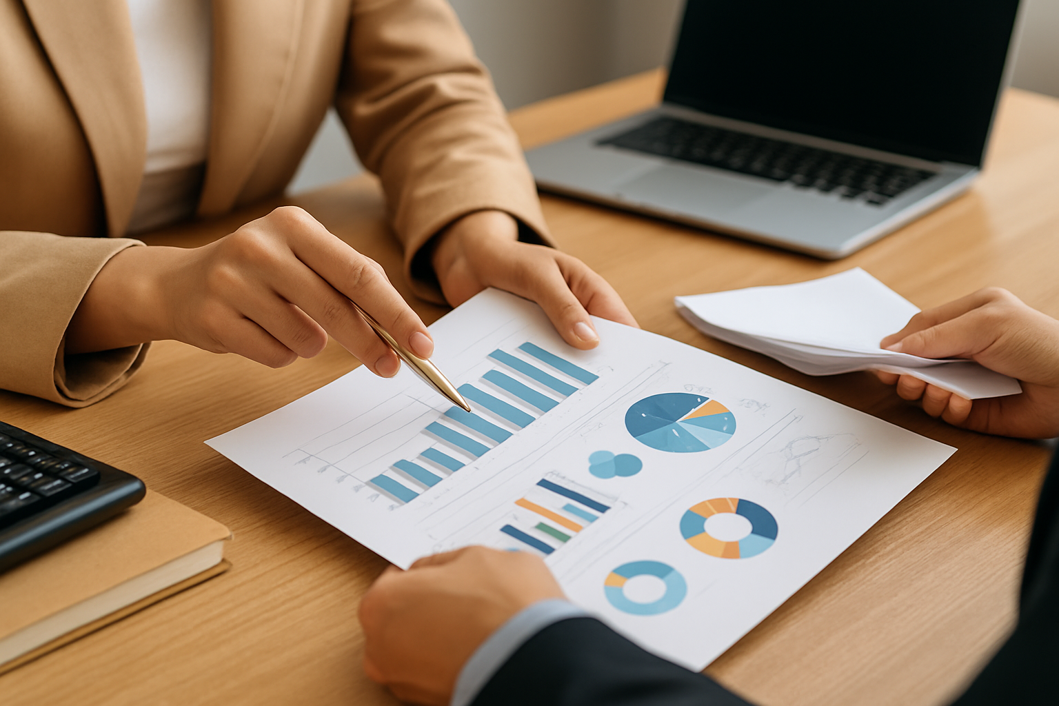 Dos profesionales trabajando juntos en una oficina mientras analizan datos para un diagnóstico empresario