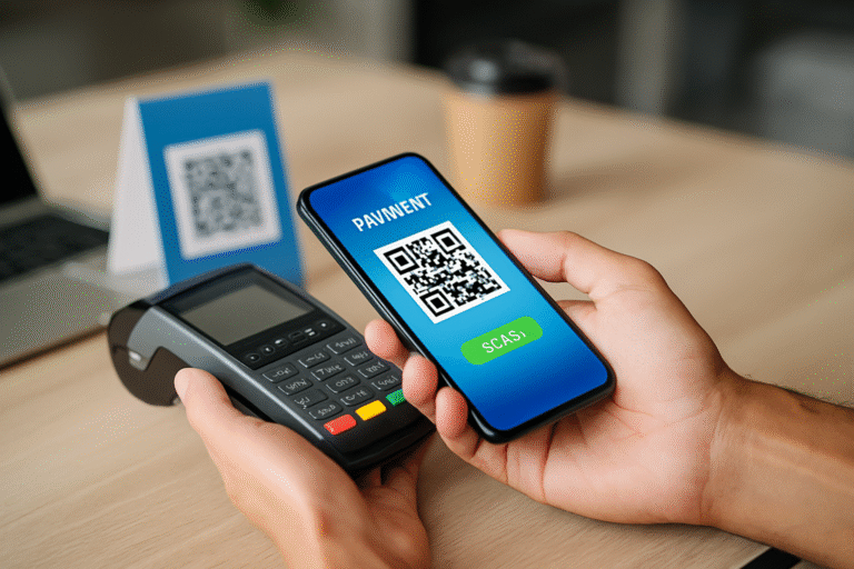 Cliente escanea un código QR con su celular para realizar un pago digital en un local comercial moderno en Argentina