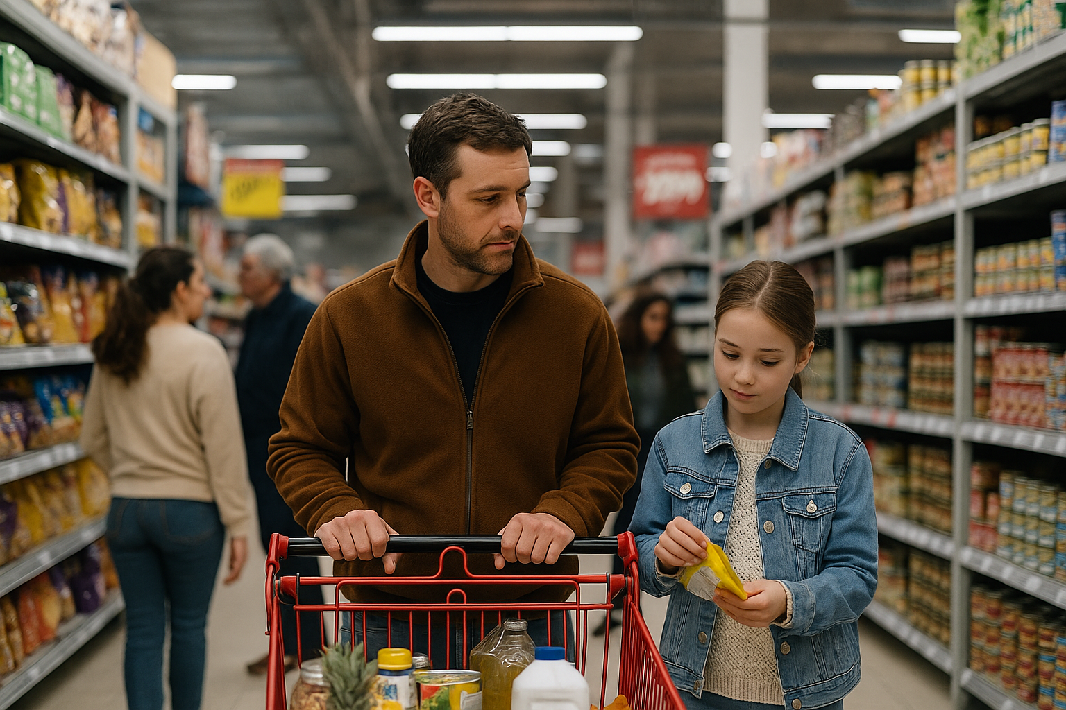 Padre e hija recorren un pasillo de supermercado con un carro lleno de productos, en un entorno amplio y bien iluminado