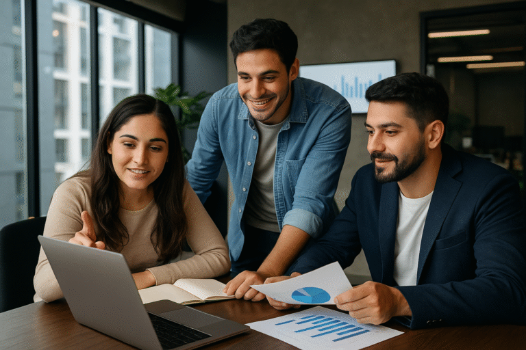 Tres profesionales analizando datos en una oficina moderna, representando la demanda de talento digital en Argentina