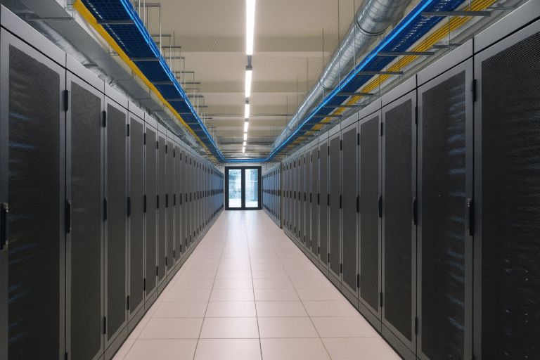 Sala de servidores de alta tecnología con luces LED azules, ilustrando un data center argentino moderno y sostenible