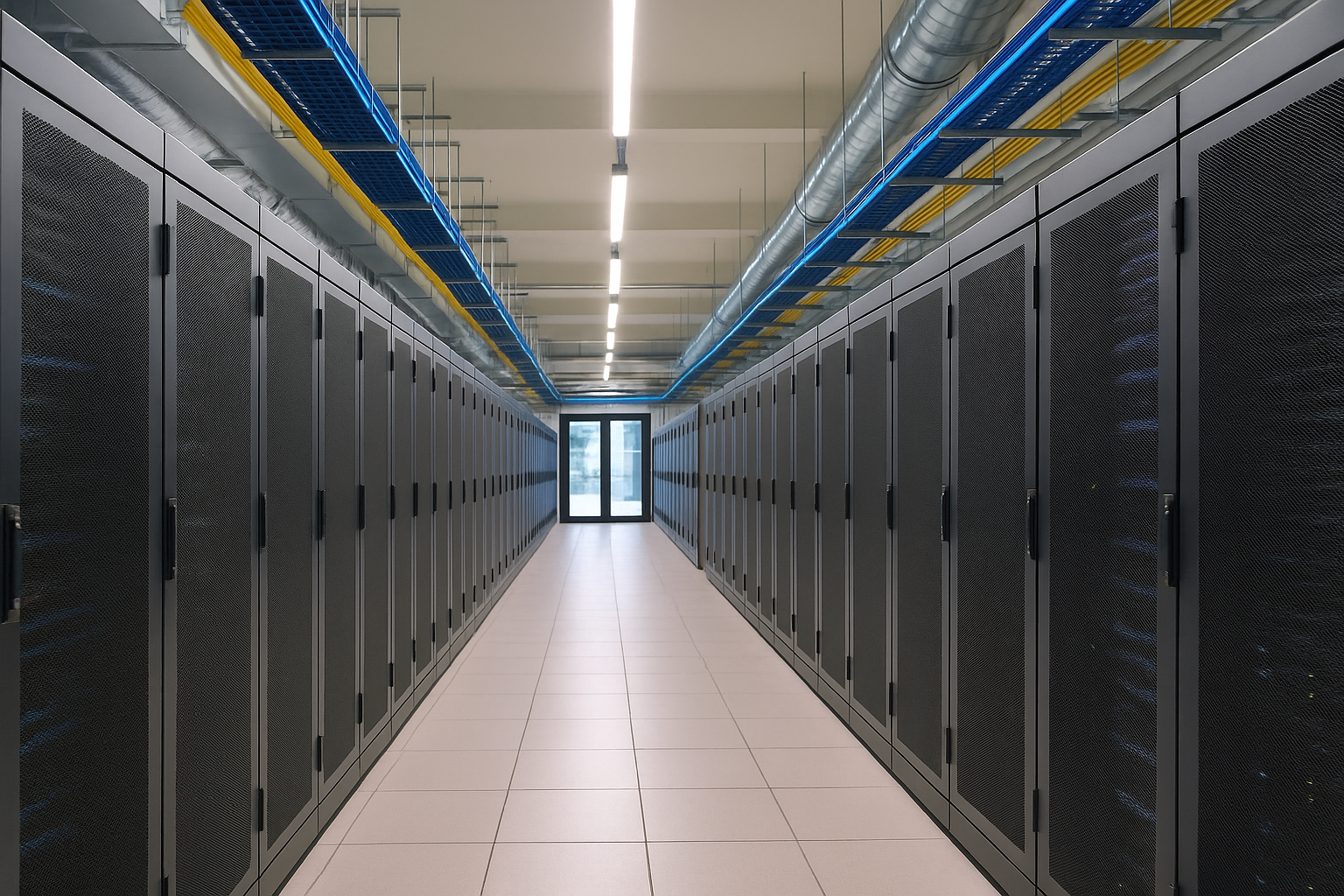 Sala de servidores de alta tecnología con luces LED azules, ilustrando un data center argentino moderno y sostenible