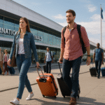 Personas ingresando y saliendo de un aeropuerto con equipaje, en un día soleado