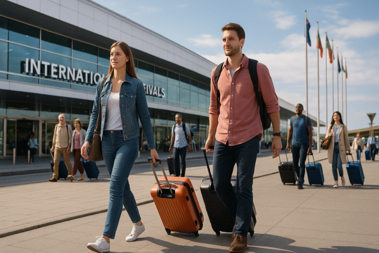 Personas ingresando y saliendo de un aeropuerto con equipaje, en un día soleado