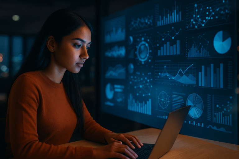 Joven profesional analiza datos en una interfaz digital, representando el uso de IA en las empresas argentinas