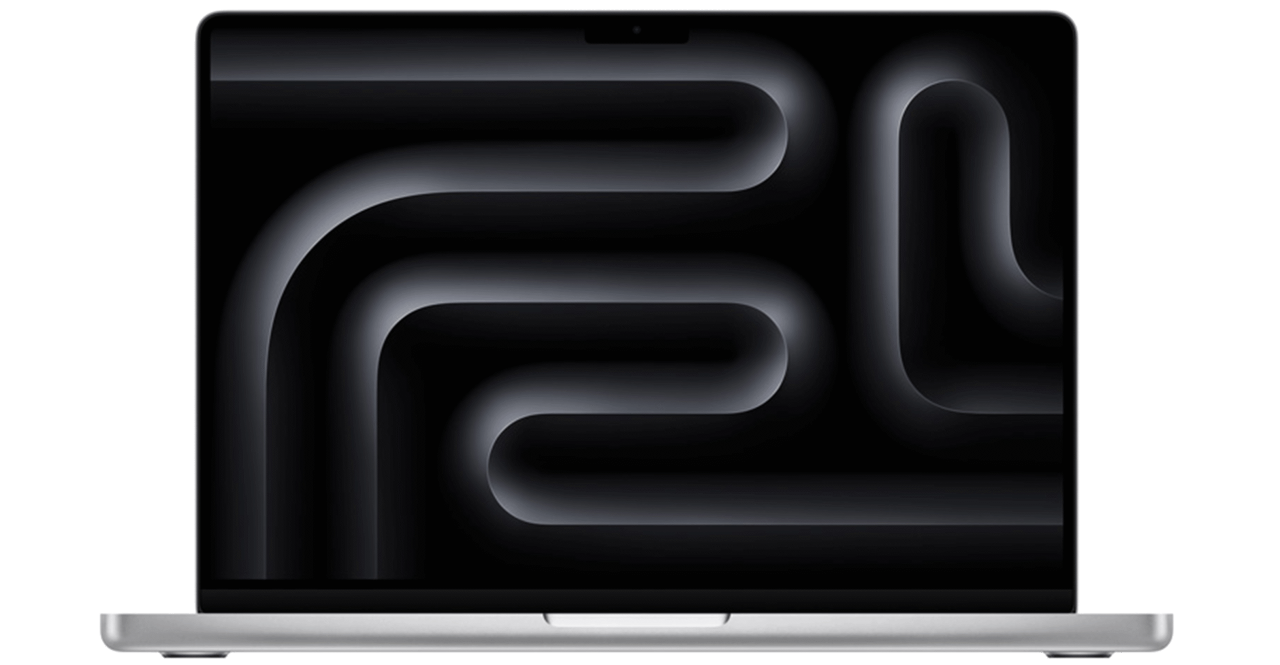 Vista frontal de una MacBook Pro 14 pulgadas con fondo oscuro, destacando su diseño moderno y elegante