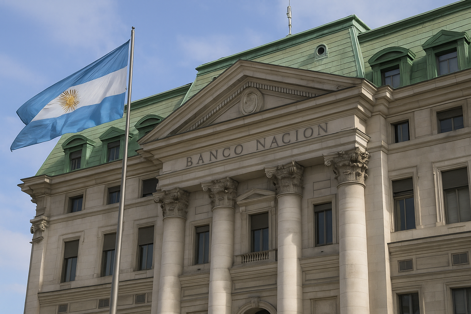 Edificio del Banco Nación en Buenos Aires con la bandera argentina flameando frente a su entrada principal