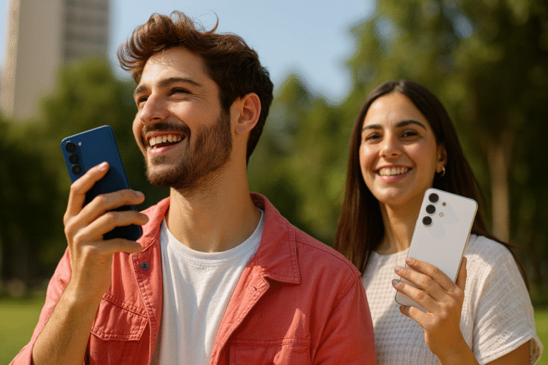 Hombre y mujer sonrientes sosteniendo celulares Samsung en un parque durante un día soleado