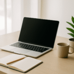 Notebook apagada sobre un escritorio con libreta, taza y planta, en un ambiente luminoso ideal para estudiar desde casa