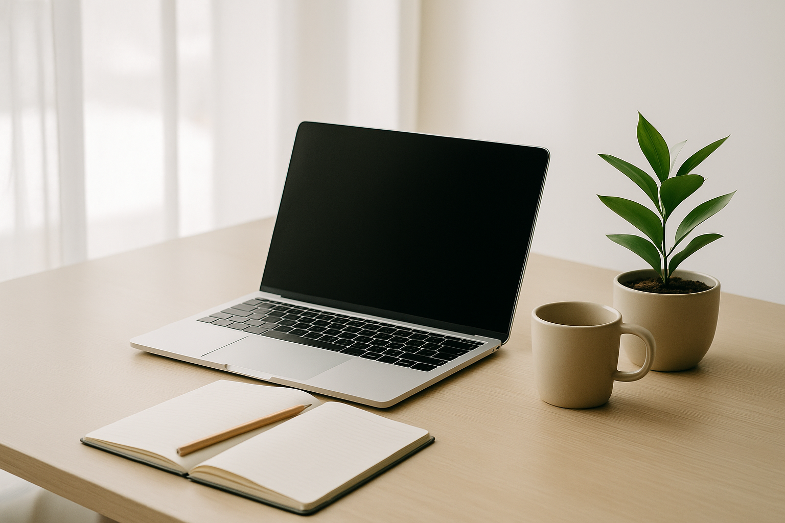 Notebook apagada sobre un escritorio con libreta, taza y planta, en un ambiente luminoso ideal para estudiar desde casa
