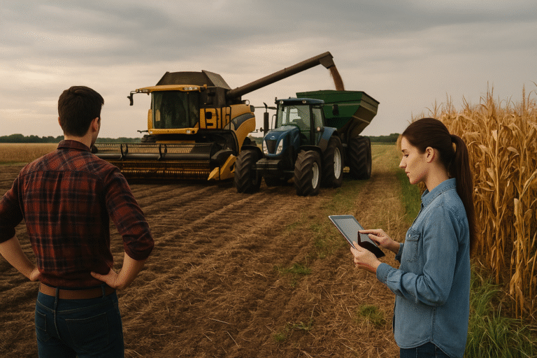 Jóvenes en una plantación agropecuaria junto a maquinaria moderna, representando la incorporación de nuevas generaciones y tecnología en el sector agrícola argentino