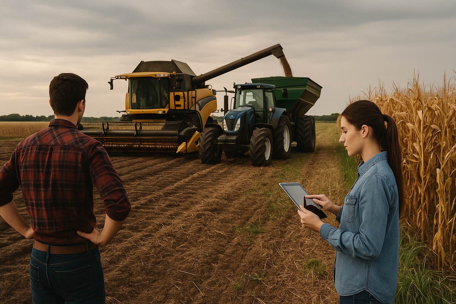 Jóvenes en una plantación agropecuaria junto a maquinaria moderna, representando la incorporación de nuevas generaciones y tecnología en el sector agrícola argentino